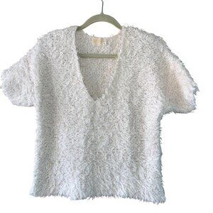 Nation Ltd Womens Sweater Size Medium Cream Shaggy Short Sleeve V Neck